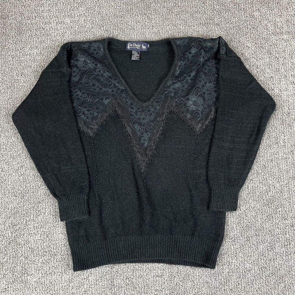 Vintage Le Chois Sweater Womens Medium Lace Silk Angora Beaded Pullover 90s